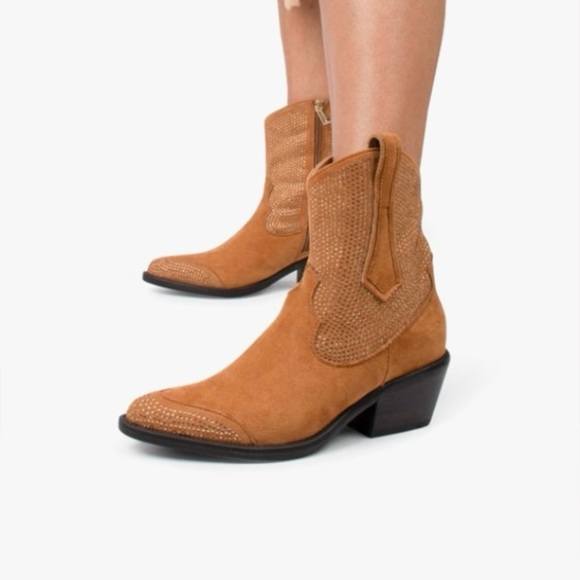 poelman Shoes - POELMAN Camel Suede Embellished Western Booties Sz Euro/38-7.5